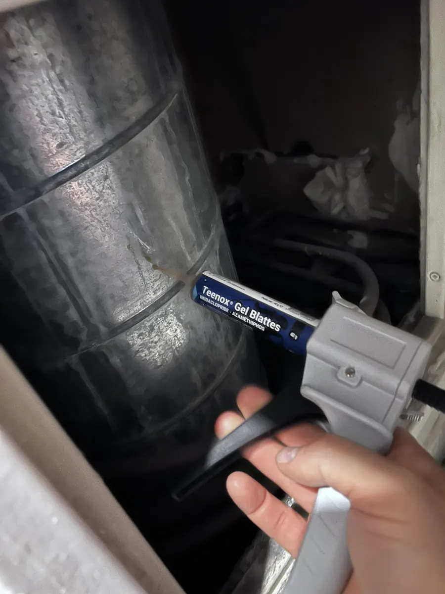 Application de gel anti-blattes le long d'une colonne de ventilation métallique